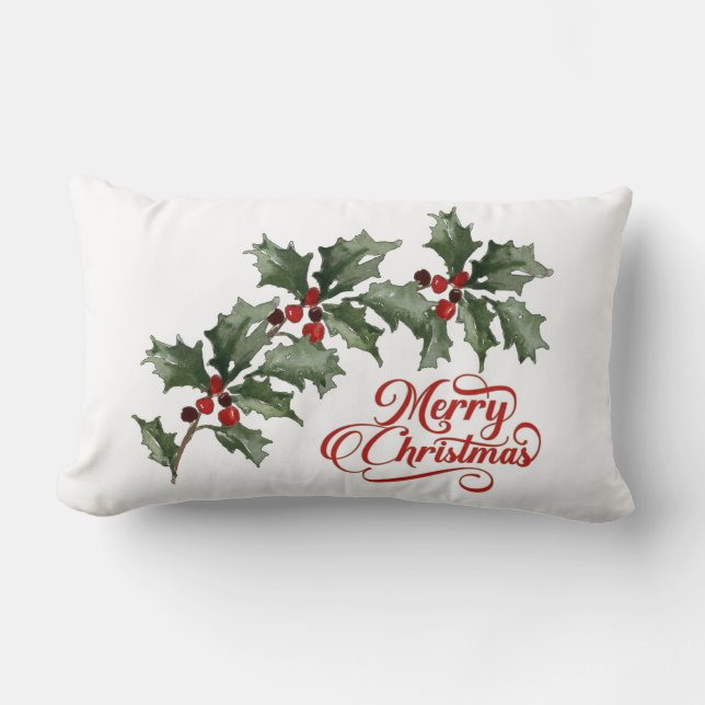 Merry Christmas withGreen Branch with Berries  Lumbar Pillow (Front)