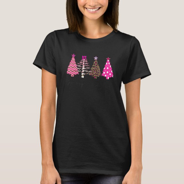 Merry Christmas Womens Pink Tree Christmas Leopard T-Shirt (Front)