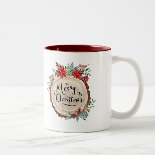 Merry Christmas  wood bark  flowers wreath Two_Tone Coffee Mug