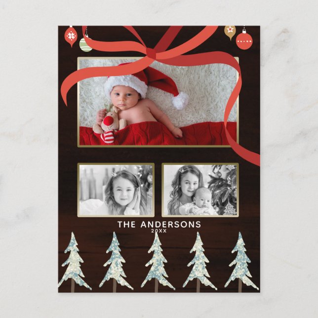 Merry Christmas Wood & Pine Trees 4 Photo Holiday (Front)