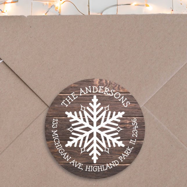Merry Christmas Wood White Snowflake Address Classic Round Sticker (Creator Uploaded)