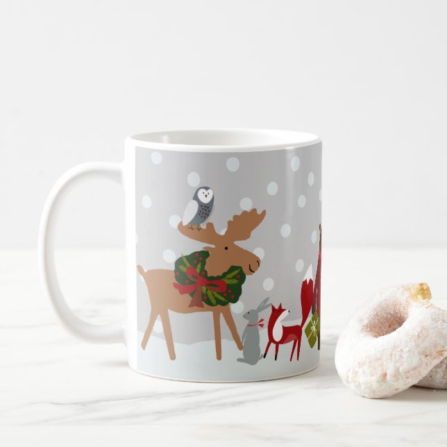 Merry Christmas Woodland Animals Snow Personalized Coffee Mug (With Donut)