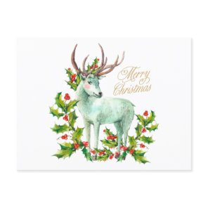 Merry Christmas Woodland Deer and Holly Berry Holiday Postcard
