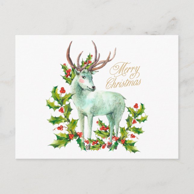 Merry Christmas Woodland Deer and Holly Berry Holiday Postcard (Front)