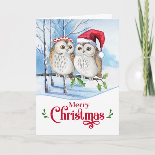 Merry Christmas Woodland Owl Couple Holiday Card