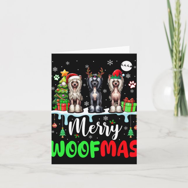 Merry Christmas Woof Three Santa Elf Chinese Crest Card (Front)
