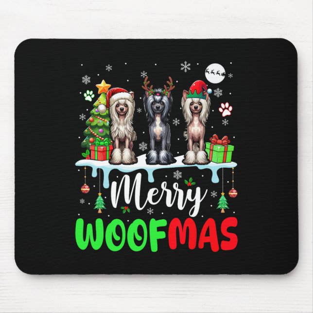 Merry Christmas Woof Three Santa Elf Chinese Crest Mouse Pad (Front)
