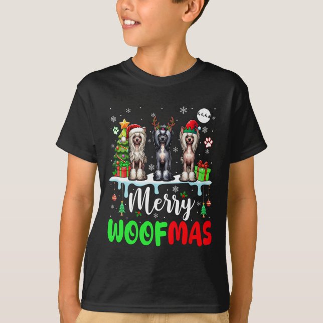 Merry Christmas Woof Three Santa Elf Chinese Crest T-Shirt (Front)