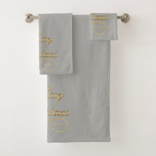 Merry Christmas Word Art In Gold On Gray Bath Towel Set