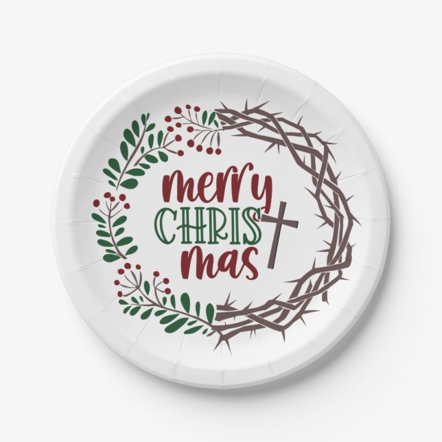 Merry CHRISTmas Worship Wreath Party Paper Plates (Front)