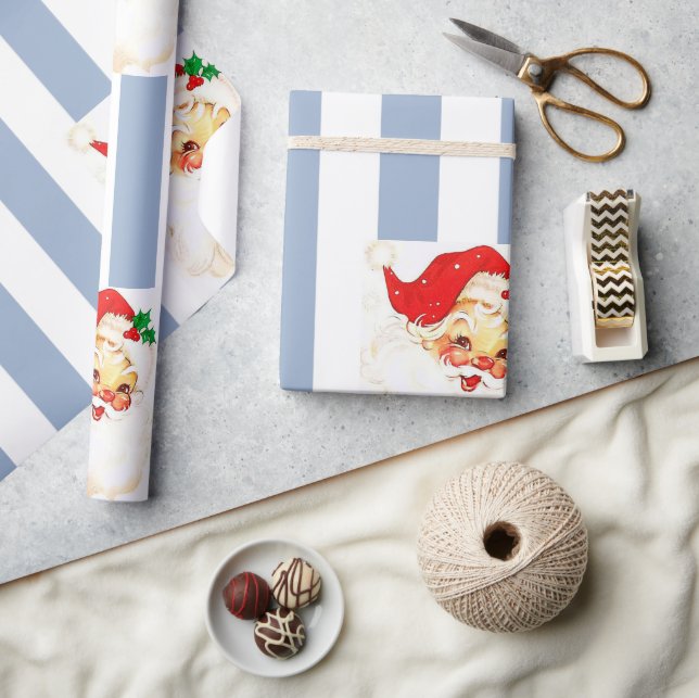 Merry Christmas Wrapping Blue & White Stripe Santa Paper (Crafts)