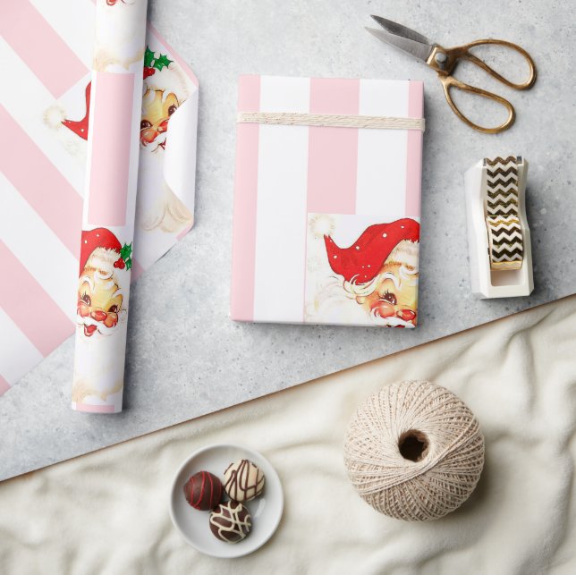 Merry Christmas Wrapping Pink & White Stripe Santa Wrapping Paper (Crafts)