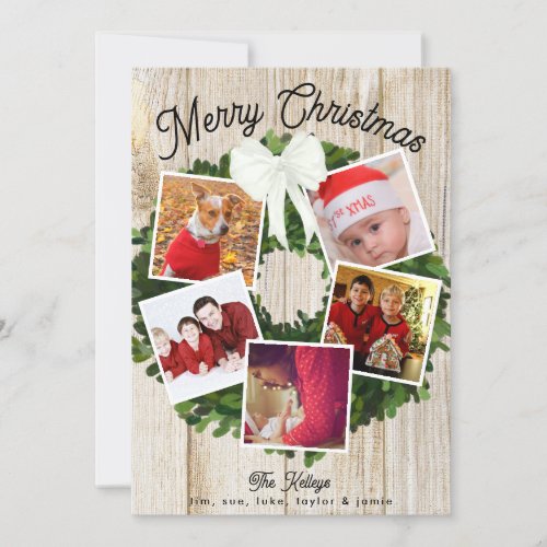 Merry Christmas Wreath 5 Photo Personalized Family Holiday Card