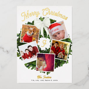 Merry Christmas Wreath 5 Photo Personalized, Gold Foil Invitation