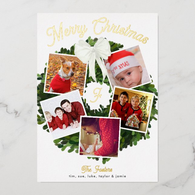 Merry Christmas Wreath 5 Photo Personalized, Gold Foil Invitation (Front)