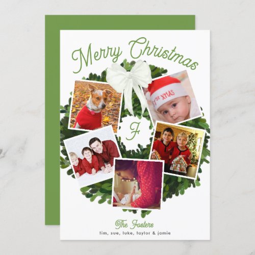 Merry Christmas Wreath 5 Photo Personalized Green Holiday Card
