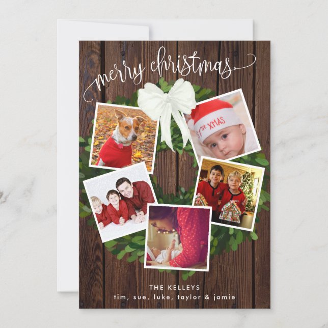 Merry Christmas Wreath 5 Photo Personalized Holiday Card (Front)