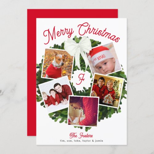 Merry Christmas Wreath 5 Photo Personalized Red Holiday Card
