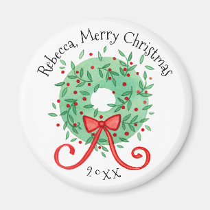 Merry Christmas Wreath Add Name and Year Magnet