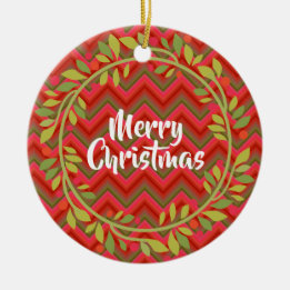 Merry Christmas Wreath and Chevron Retro Ceramic Ornament