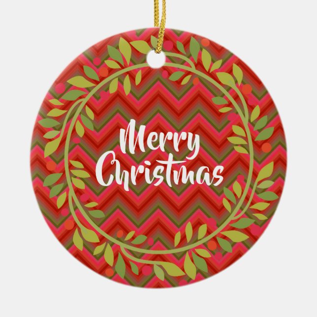 Merry Christmas Wreath and Chevron Retro Ceramic Ornament (Front)