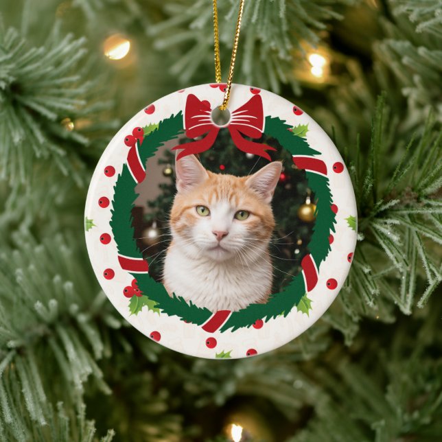 Merry Christmas Wreath and Holly Custom Pet Photo Ceramic Ornament (Tree)