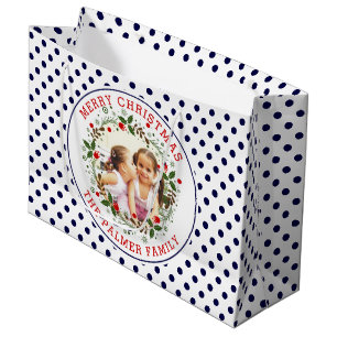 Merry Christmas wreath and navy blue dots photo Large Gift Bag