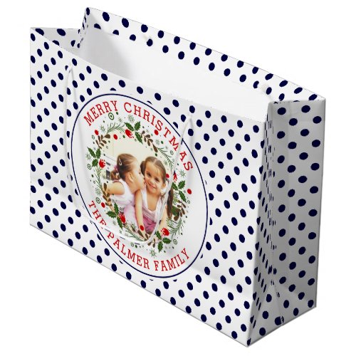 Merry Christmas wreath and navy blue dots photo Large Gift Bag