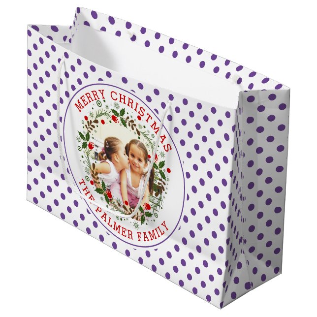 Merry Christmas wreath and purple polka dots photo Large Gift Bag (Front Angled)