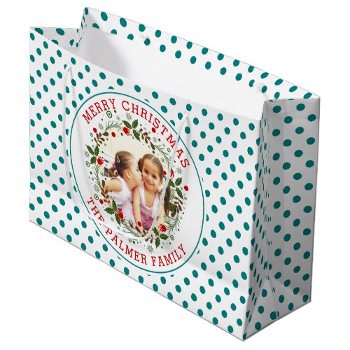 Merry Christmas wreath and teal blue dots photo Large Gift Bag