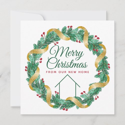 Merry Christmas Wreath Beautiful New Home Address Holiday Card