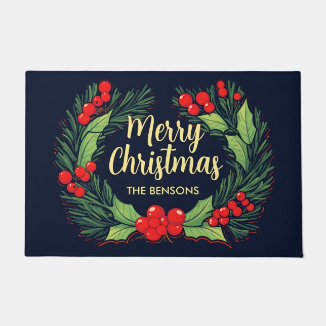 Merry Christmas Wreath Blue & Green Doormat (Front)