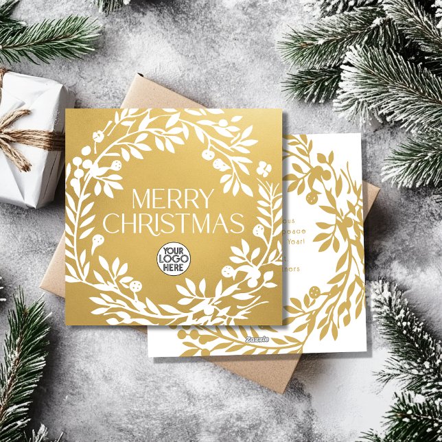 Merry Christmas Wreath Business Logo Faux Gold Holiday Card (Creator Uploaded)