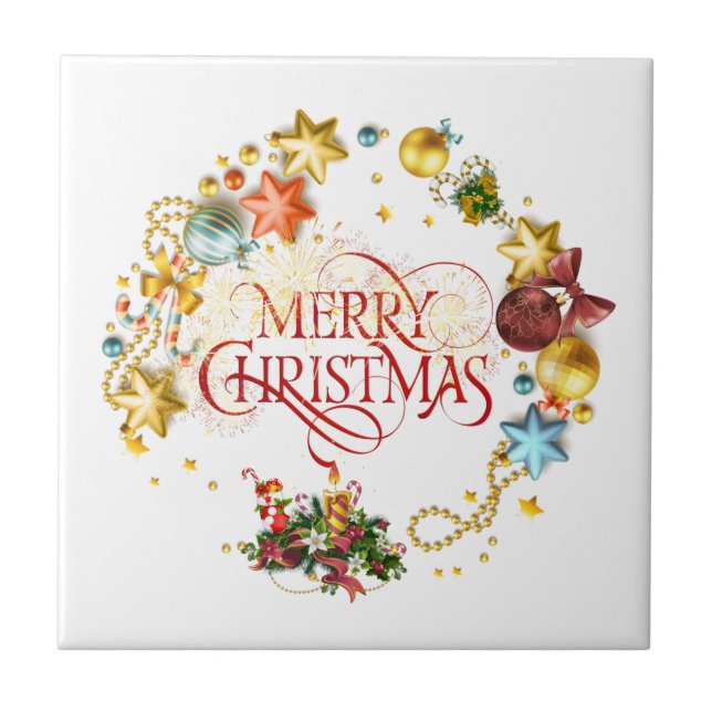 Merry Christmas wreath Ceramic Tile (Front)