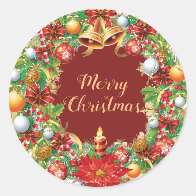 Merry Christmas wreath Classic Round Sticker (Front)