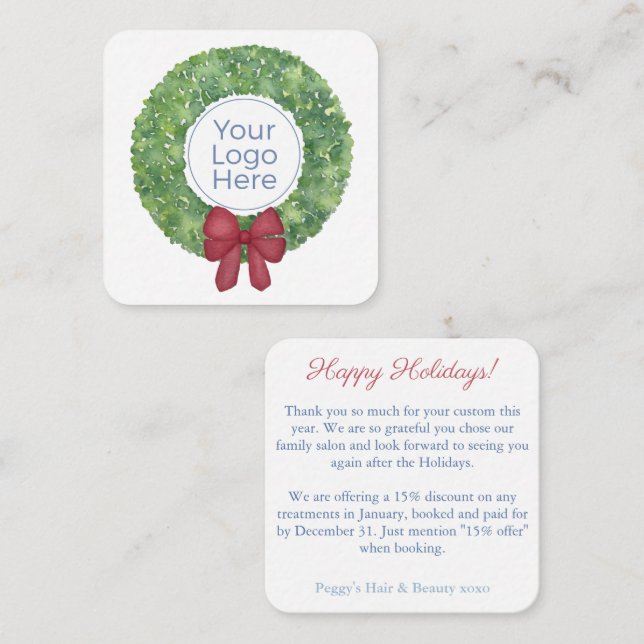 Merry Christmas Wreath Client Appreciation Logo Note Card (Front/Back)