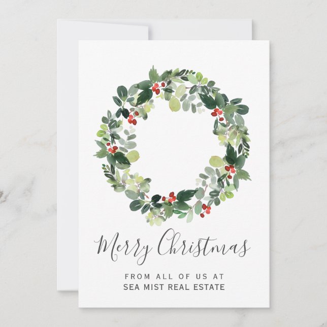 Merry Christmas Wreath Corporate Card with Logo (Front)