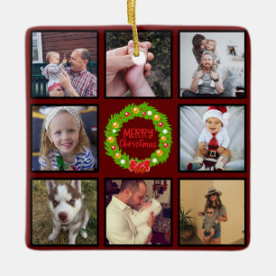 Merry Christmas Wreath Custom Photo Collage Ceramic Ornament