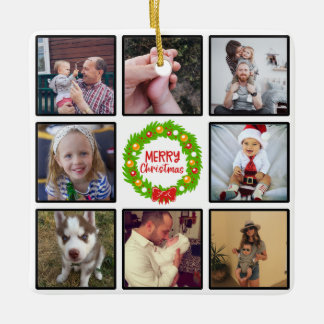 Merry Christmas Wreath Custom Photo Collage Ceramic Ornament