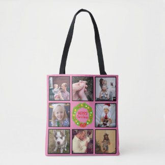 Merry Christmas Wreath Custom Photo Collage Tote Bag