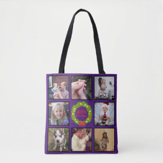 Merry Christmas Wreath Custom Photo Collage Tote Bag