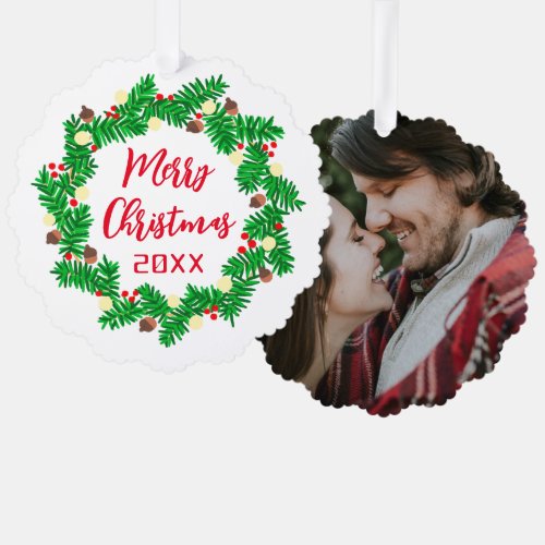 Merry Christmas Wreath Custom Photo Ornament Card