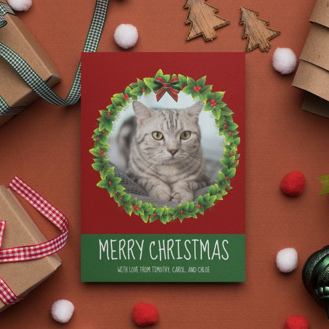 Merry Christmas Wreath Cute Custom Cat Photo Red Holiday Card (Creator Uploaded)