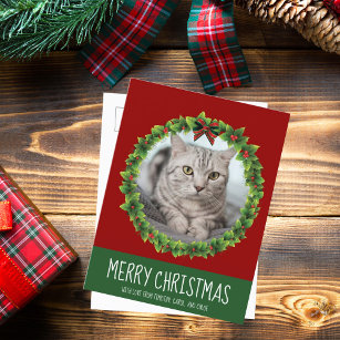 Merry Christmas Wreath Cute Custom Cat Photo Red Postcard