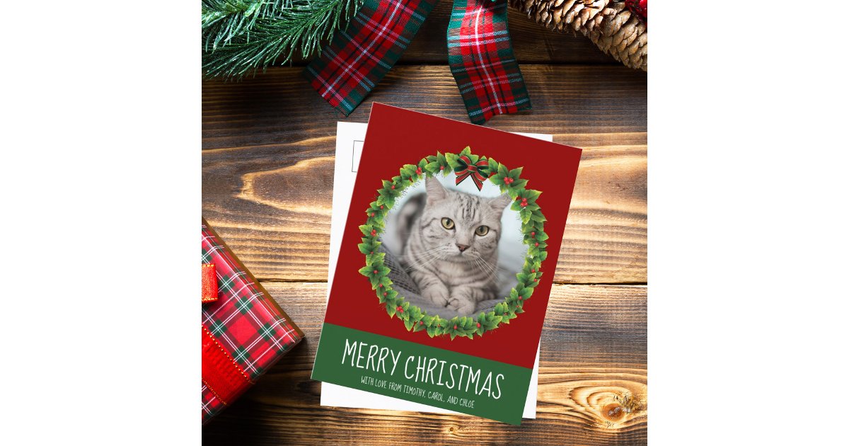 Merry Christmas Wreath Cute Custom Cat Photo Red Postcard | Zazzle