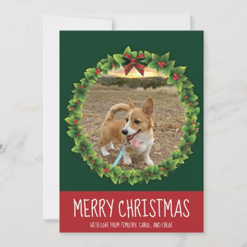 Merry Christmas Wreath Cute Custom Dog Photo Green Holiday Card