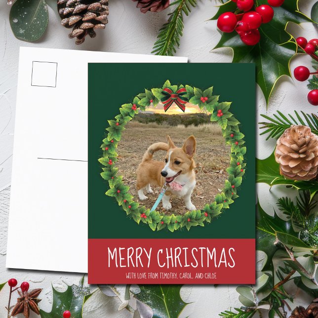 Merry Christmas Wreath Cute Custom Dog Photo Green Postcard (Creator Uploaded)