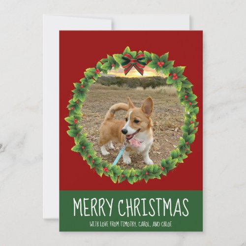 Merry Christmas Wreath Cute Custom Dog Photo Red Holiday Card