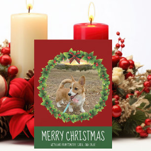 Merry Christmas Wreath Cute Custom Dog Photo Red Holiday Card