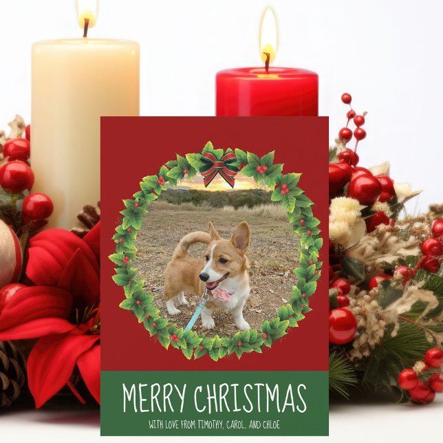 Merry Christmas Wreath Cute Custom Dog Photo Red Holiday Card (Creator Uploaded)